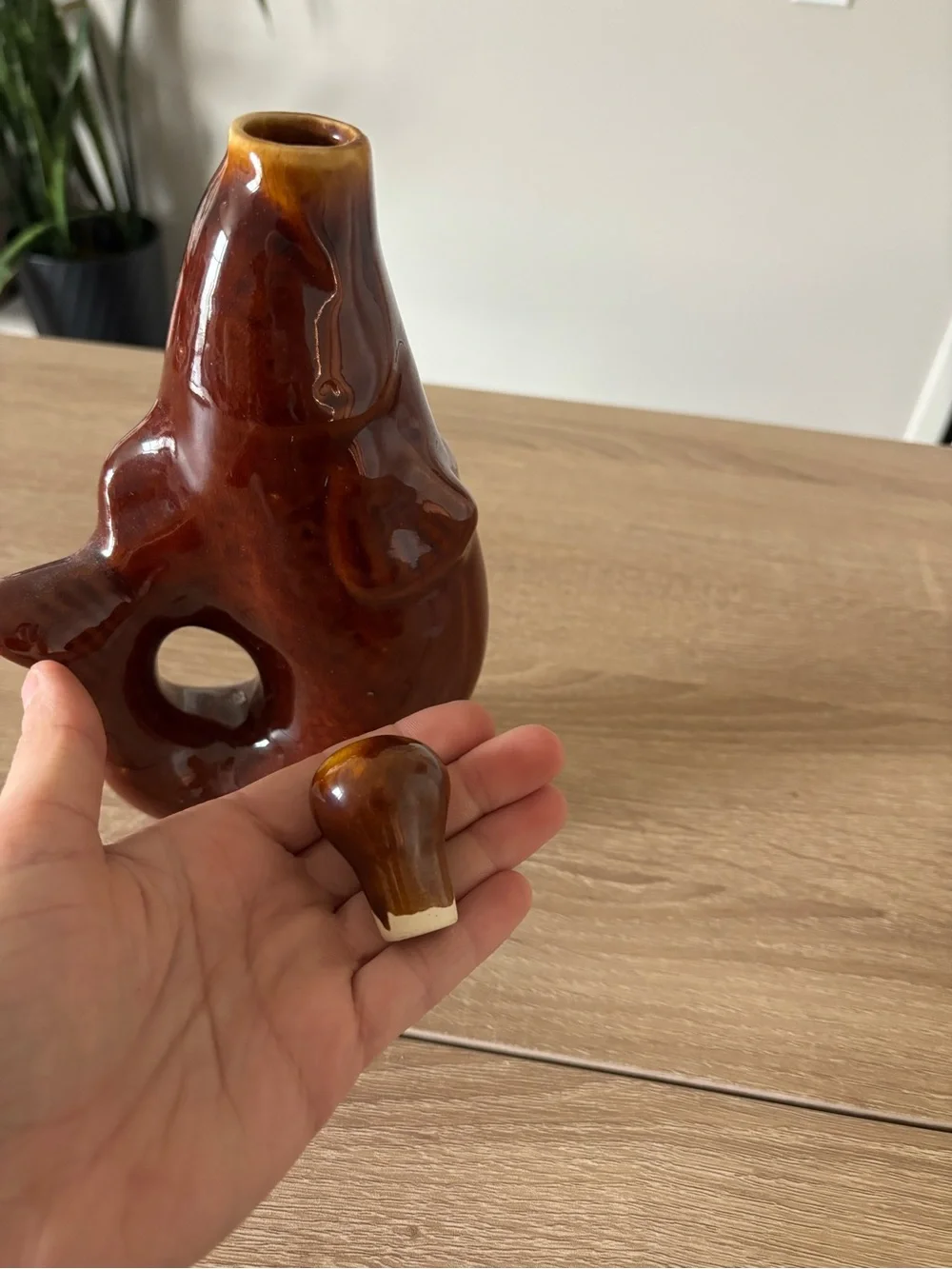 Vintage Handmade Brown Ceramic Fish Decanter with Stopper